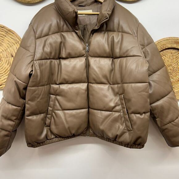 Sebby Collection Brown Zip Up Faux Leather Puffer Winter Coat Plus Size 2X - Picture 4 of 8